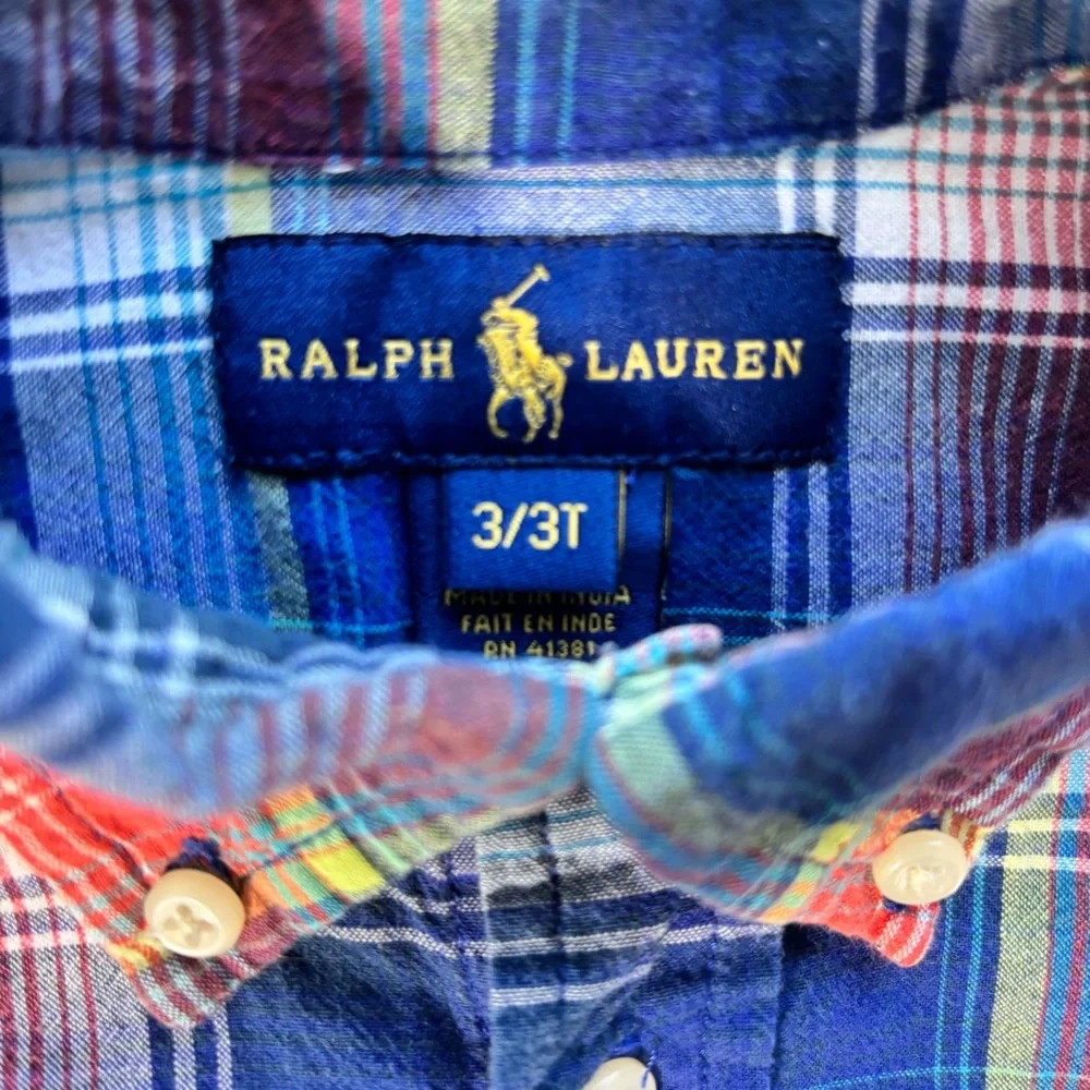 Ralph Lauren Polo Boy Blue Green Orange Cotton Plaid Button Dress Shirt  Size 3T